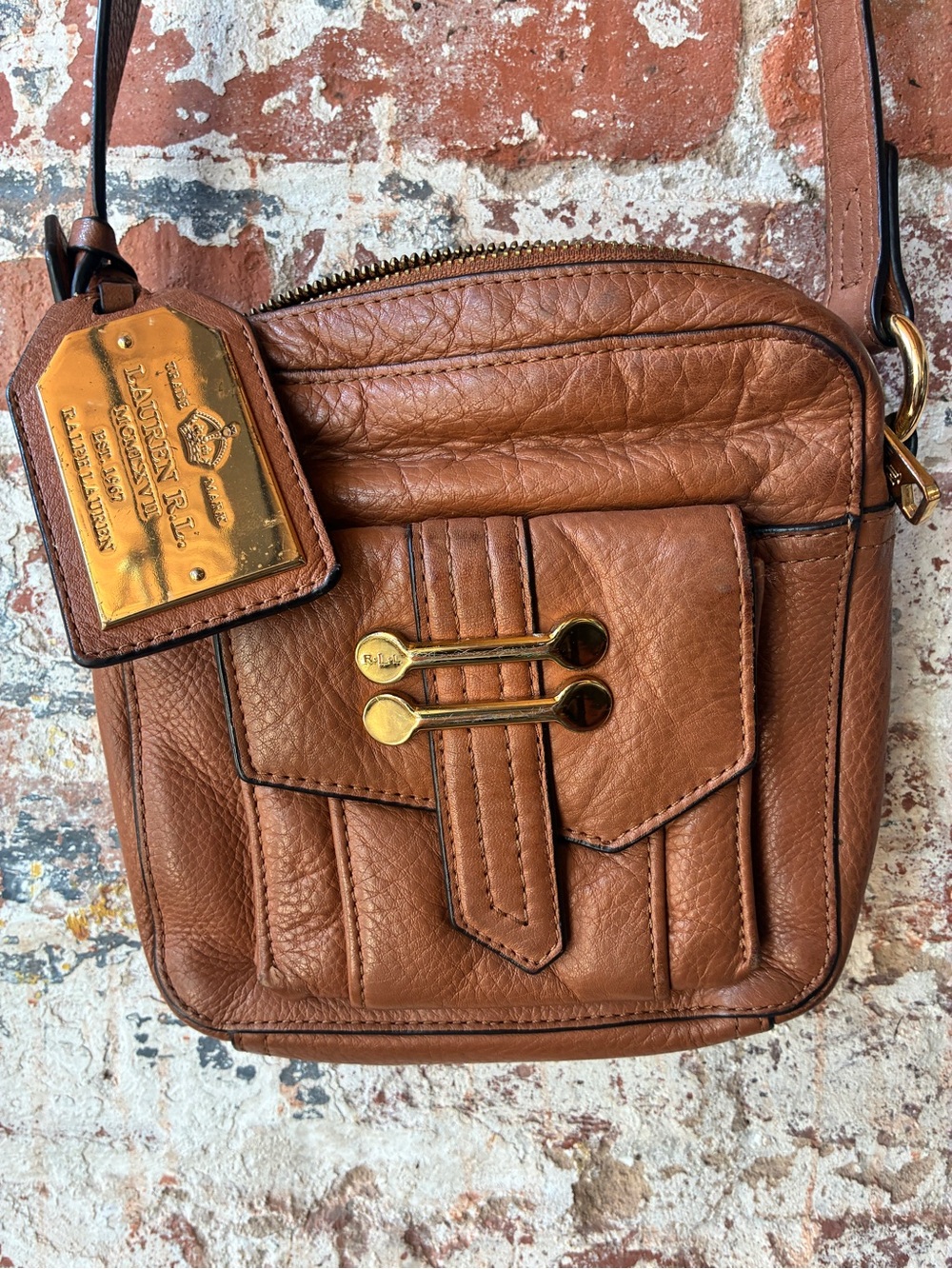 Ralph Lauren Tan Pebbled Leather Messenger Crossbody